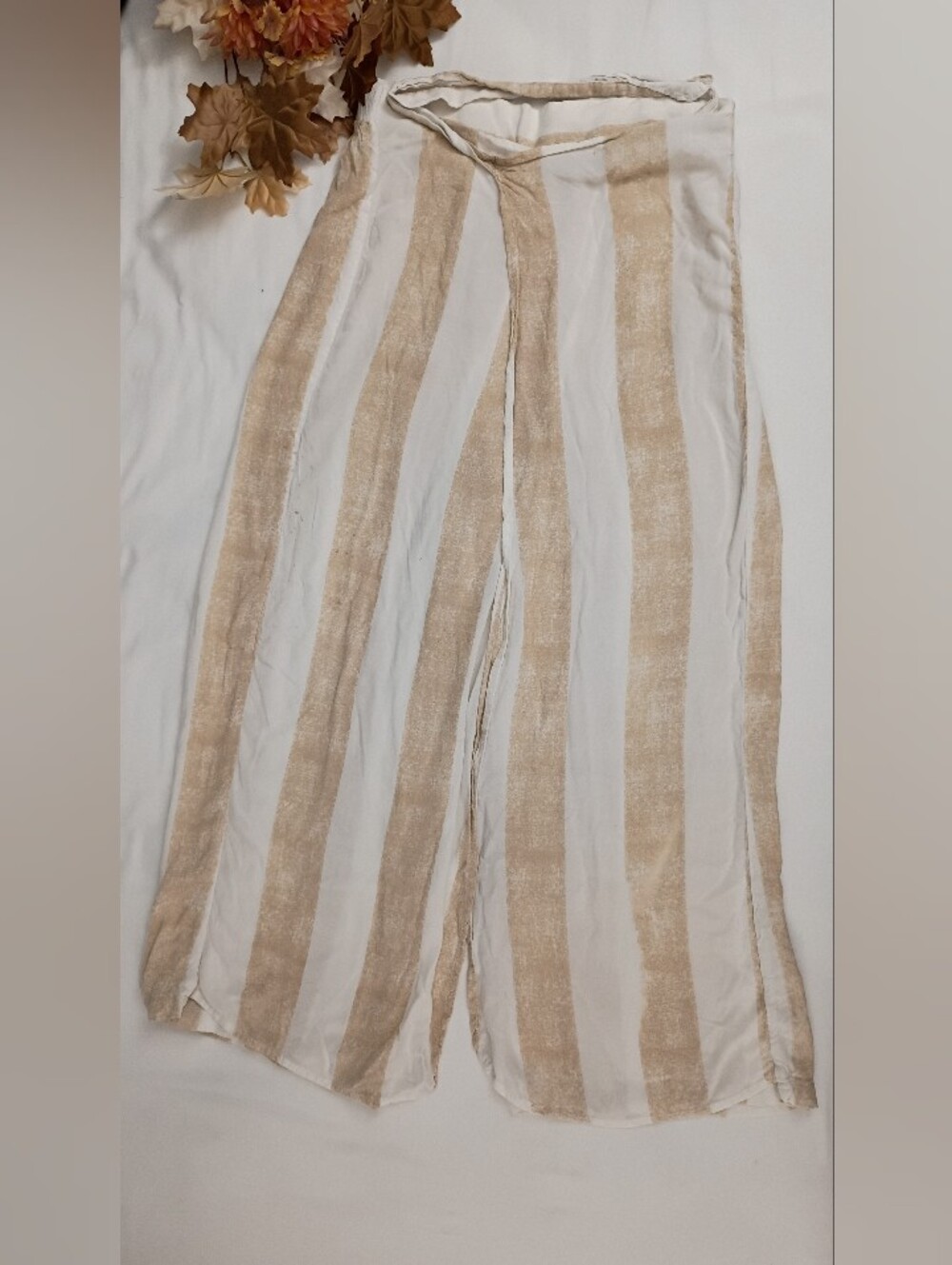 Women's Beige & White Striped Wrap Pants